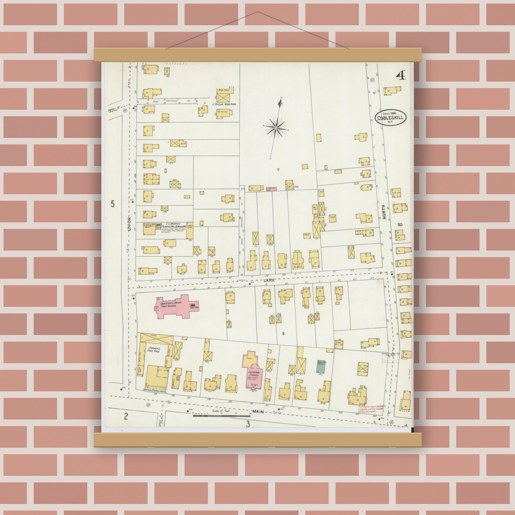 Old map wall art mockup — magnetic wood frame on brick wall — Sanborn Fire Insurance Map from Cobleskill, Schoharie County, New York (1904), Sheet #0004