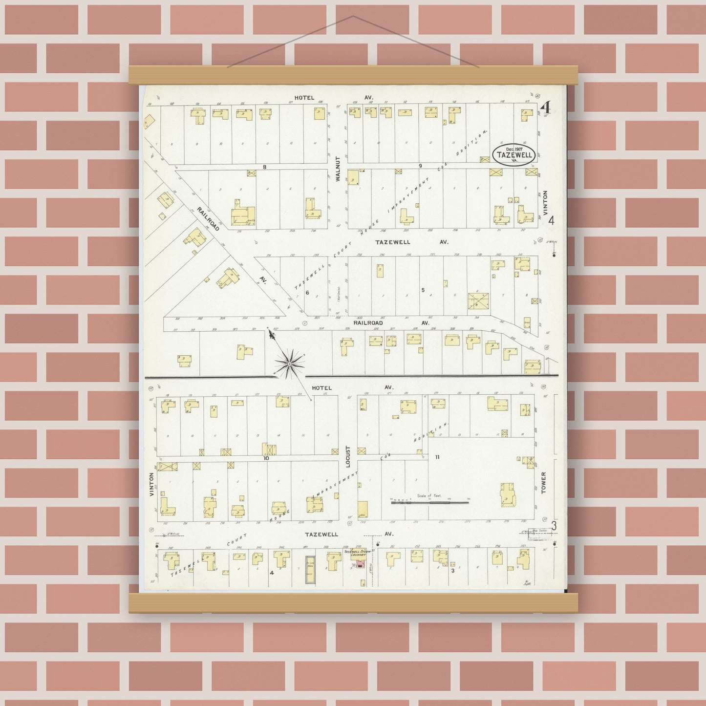 Old map wall art mockup — magnetic wood frame on brick wall — Sanborn Fire Insurance Map from Tazewell, Tazewell County, Virginia (1907), Sheet #0004