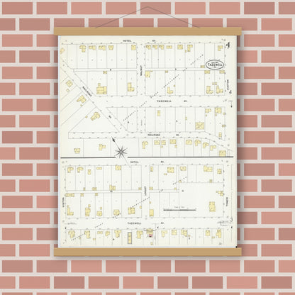 Old map wall art mockup — magnetic wood frame on brick wall — Sanborn Fire Insurance Map from Tazewell, Tazewell County, Virginia (1907), Sheet #0004