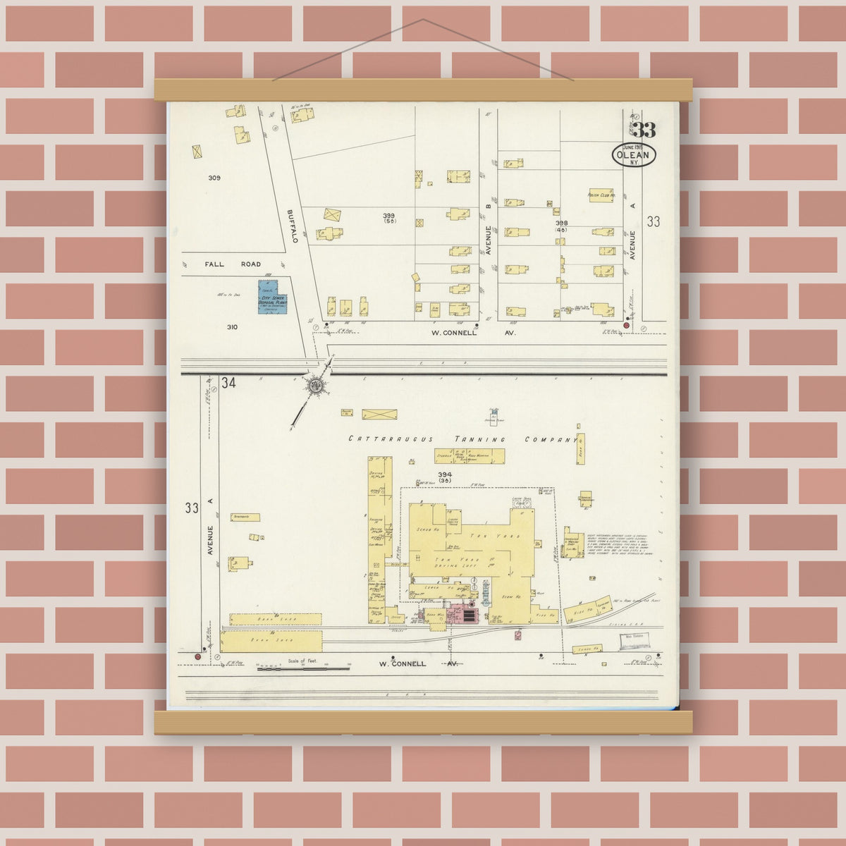 Old map wall art mockup — magnetic wood frame on brick wall — Sanborn Fire Insurance Map from Olean, Cattaraugus County, New York (1915), Sheet #0033