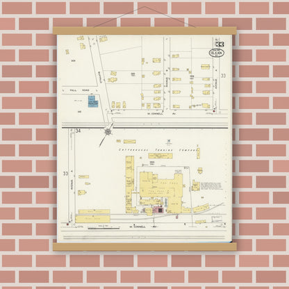 Old map wall art mockup — magnetic wood frame on brick wall — Sanborn Fire Insurance Map from Olean, Cattaraugus County, New York (1915), Sheet #0033