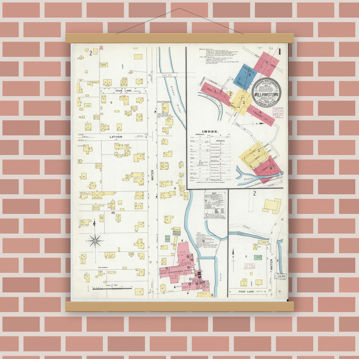 Old map wall art mockup — magnetic wood frame on brick wall — Sanborn Fire Insurance Map from Williamstown, Berkshire County, Massachusetts (1908) - Complete Map Set