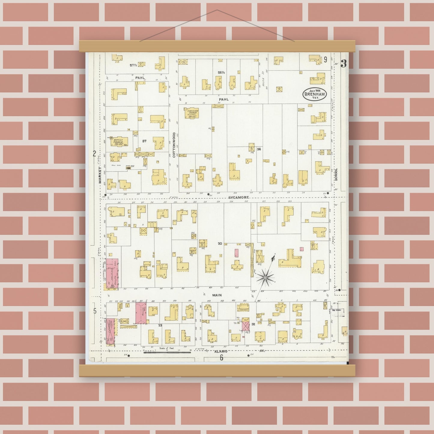 Old map wall art mockup — magnetic wood frame on brick wall — Sanborn Fire Insurance Map from Brenham, Washington County, Texas (1906), Sheet #0003