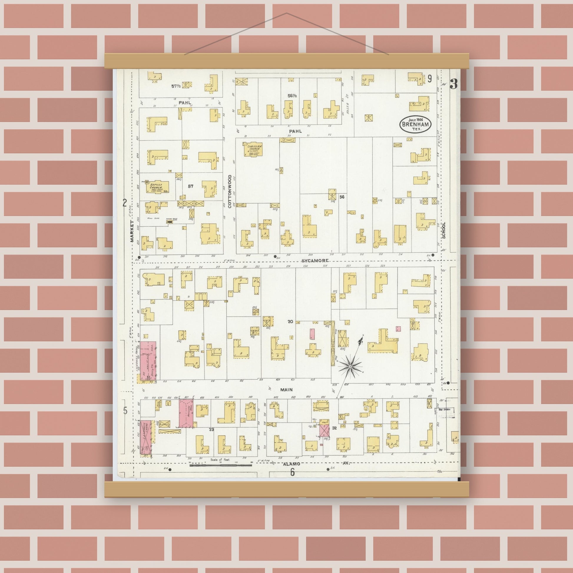 Old map wall art mockup — magnetic wood frame on brick wall — Sanborn Fire Insurance Map from Brenham, Washington County, Texas (1906), Sheet #0003