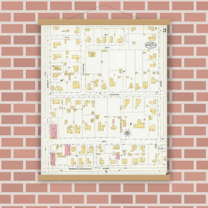 Old map wall art mockup — magnetic wood frame on brick wall — Sanborn Fire Insurance Map from Brenham, Washington County, Texas (1906), Sheet #0003