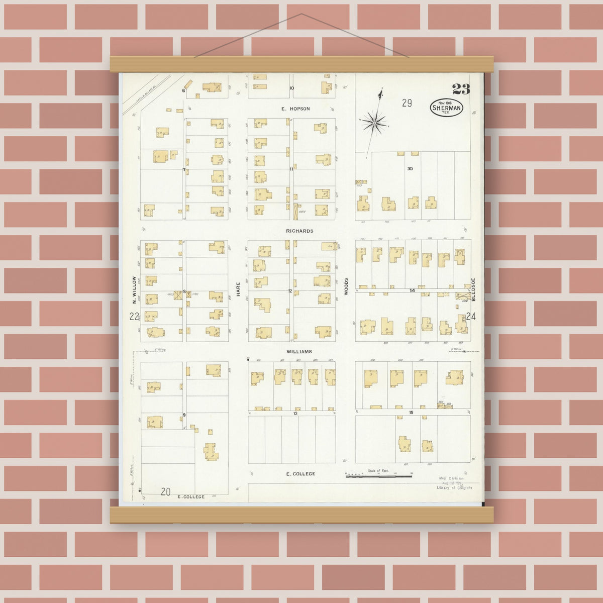 Old map wall art mockup — magnetic wood frame on brick wall — Sanborn Fire Insurance Map from Sherman, Grayson County, Texas (1908), Sheet #0023