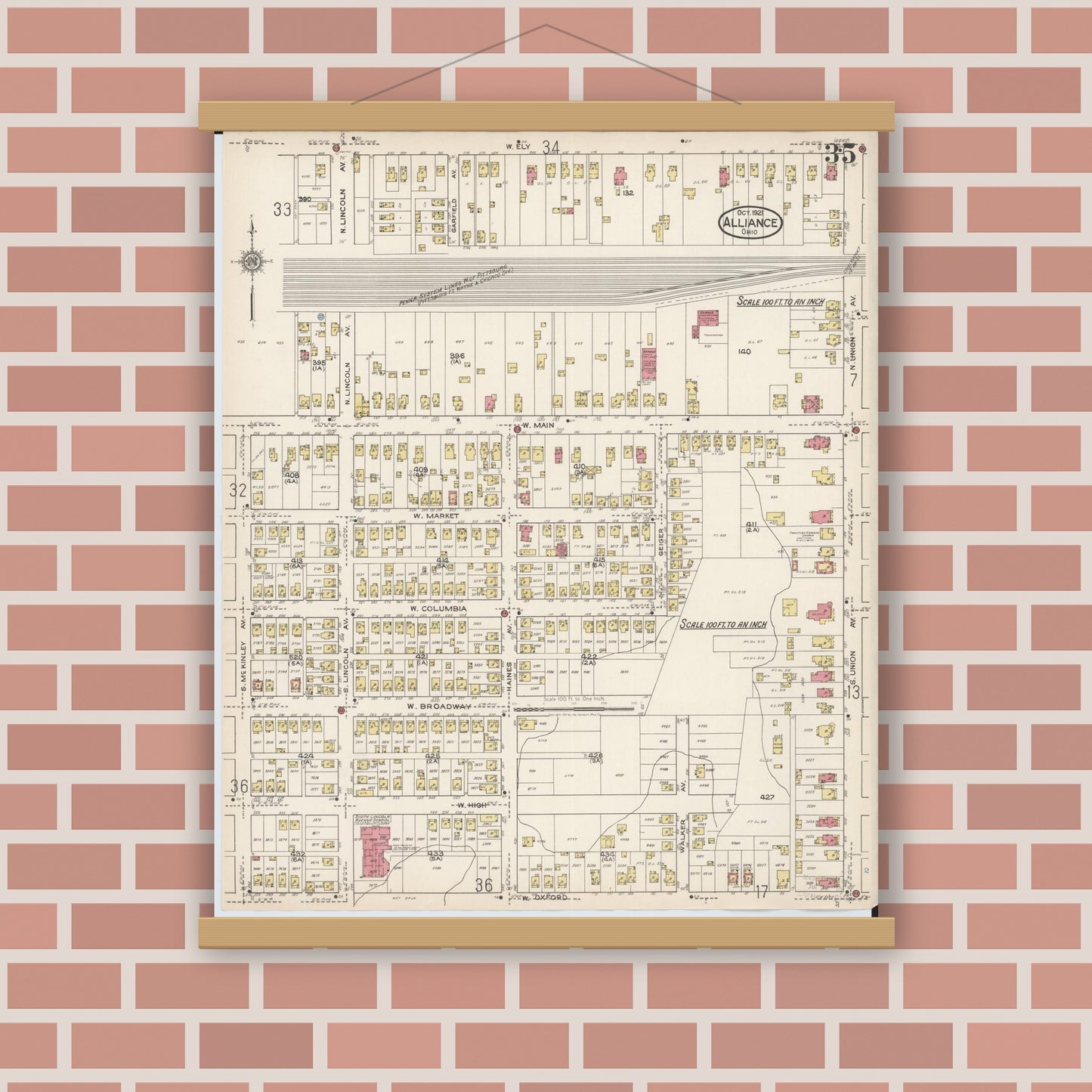 Old map wall art mockup — magnetic wood frame on brick wall — Sanborn Fire Insurance Map from Alliance, Stark County, Ohio (1921), Sheet #0035