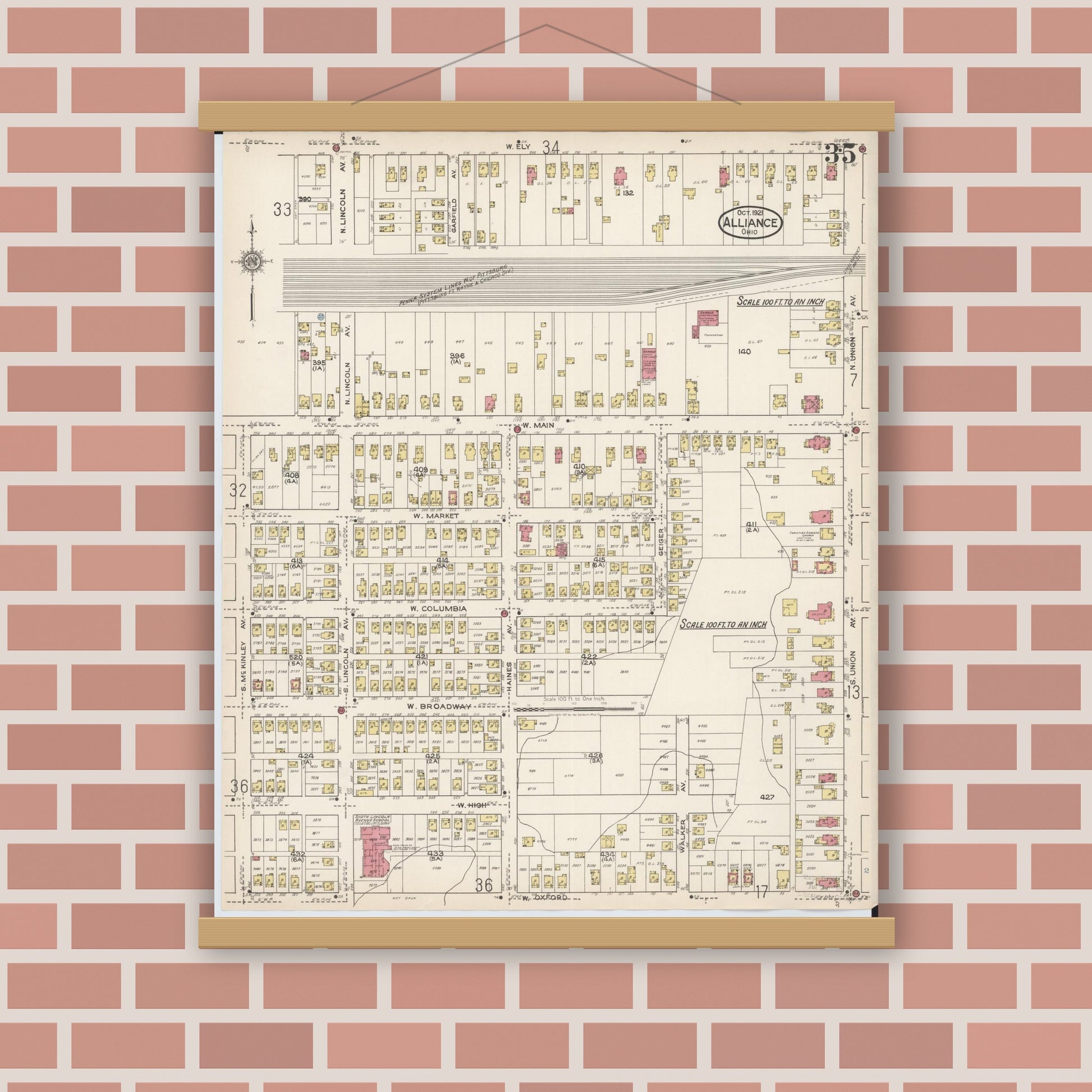 Old map wall art mockup — magnetic wood frame on brick wall — Sanborn Fire Insurance Map from Alliance, Stark County, Ohio (1921), Sheet #0035