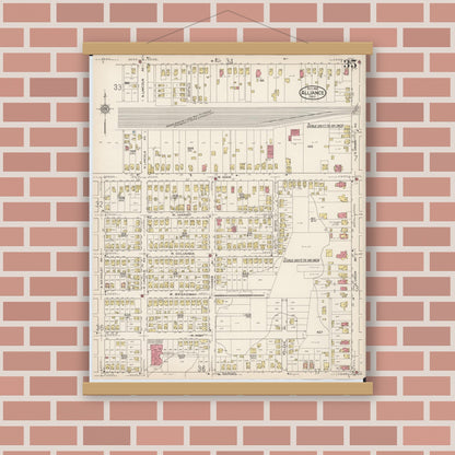 Old map wall art mockup — magnetic wood frame on brick wall — Sanborn Fire Insurance Map from Alliance, Stark County, Ohio (1921), Sheet #0035