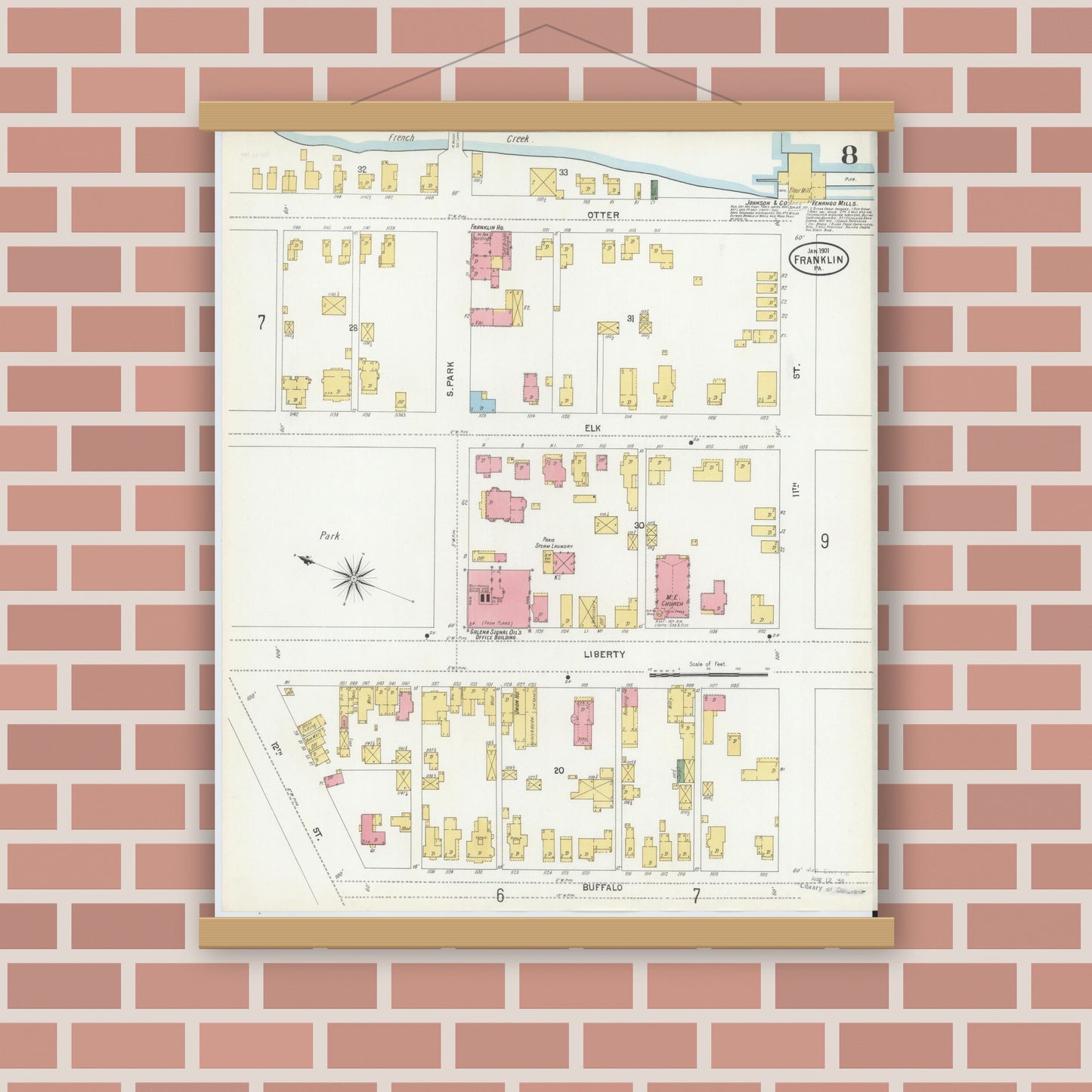 Old map wall art mockup — magnetic wood frame on brick wall — Sanborn Fire Insurance Map from Franklin, Venango County, Pennsylvania (1901), Sheet #0008