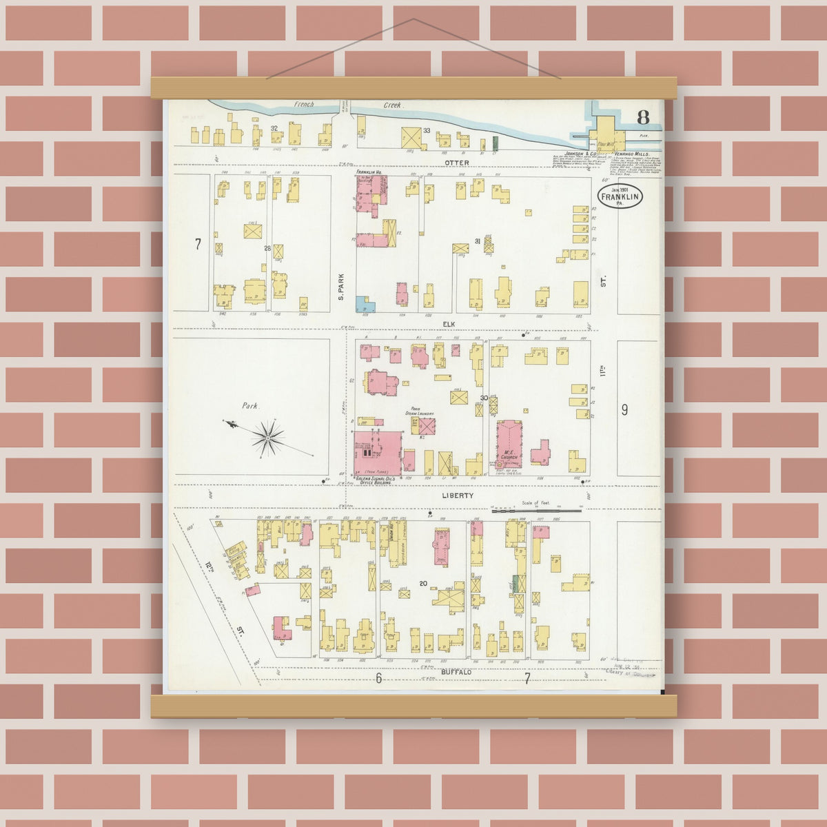 Old map wall art mockup — magnetic wood frame on brick wall — Sanborn Fire Insurance Map from Franklin, Venango County, Pennsylvania (1901), Sheet #0008