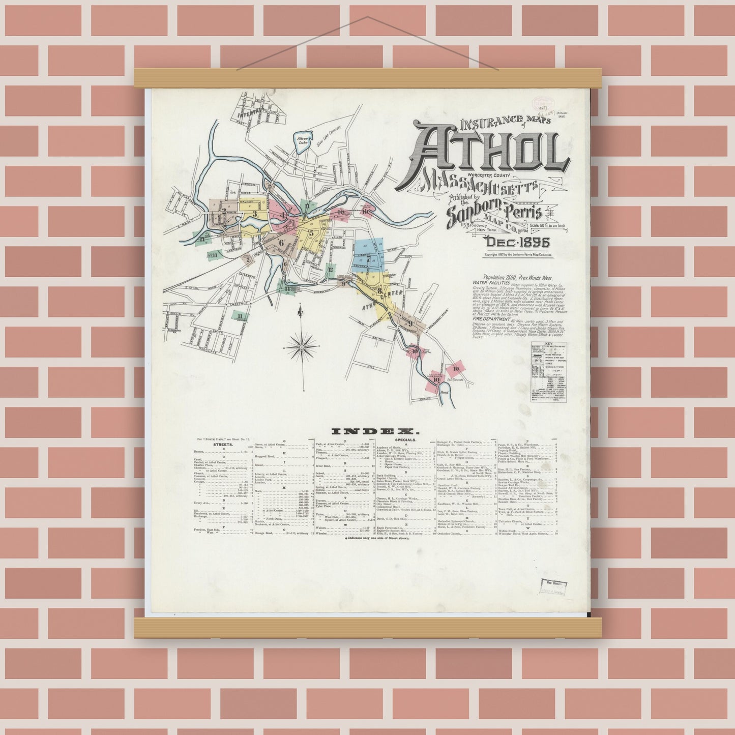Old map wall art mockup — magnetic wood frame on brick wall — Sanborn Fire Insurance Map from Athol, Worcester County, Massachusetts (1896) - Complete Map Set