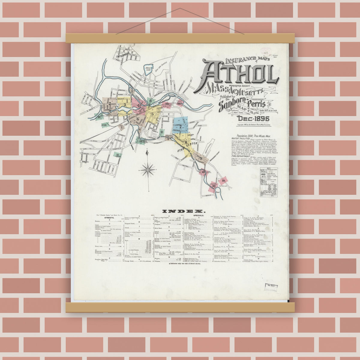 Old map wall art mockup — magnetic wood frame on brick wall — Sanborn Fire Insurance Map from Athol, Worcester County, Massachusetts (1896) - Complete Map Set