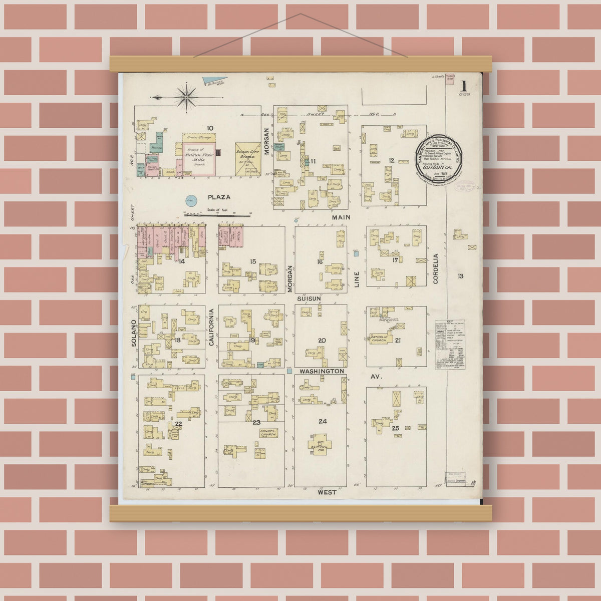 Old map wall art mockup — magnetic wood frame on brick wall — Sanborn Fire Insurance Map from Suisun, Solano County, California (1888) - Complete Map Set