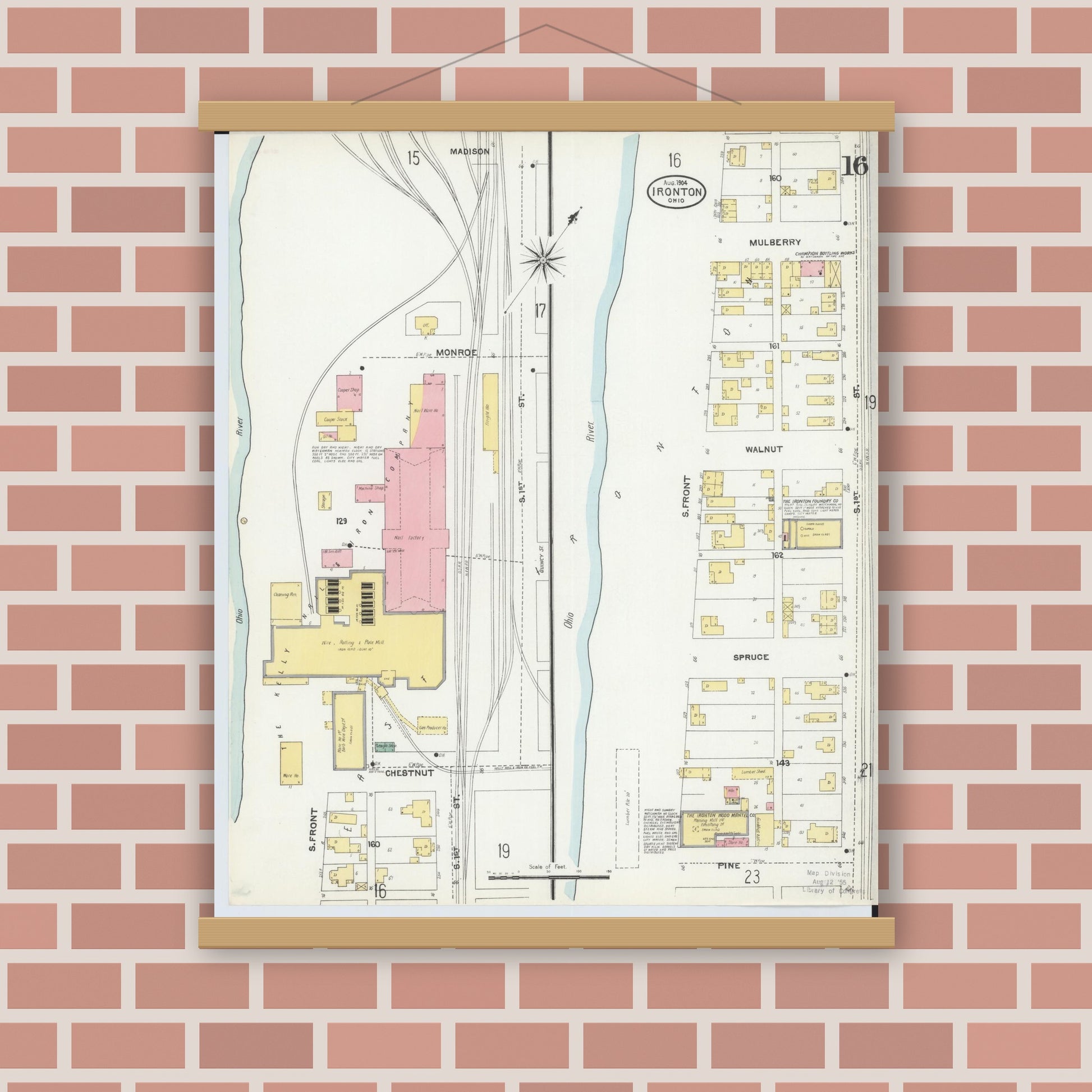 Old map wall art mockup — magnetic wood frame on brick wall — Sanborn Fire Insurance Map from Ironton, Lawrence County, Ohio (1904), Sheet #0016