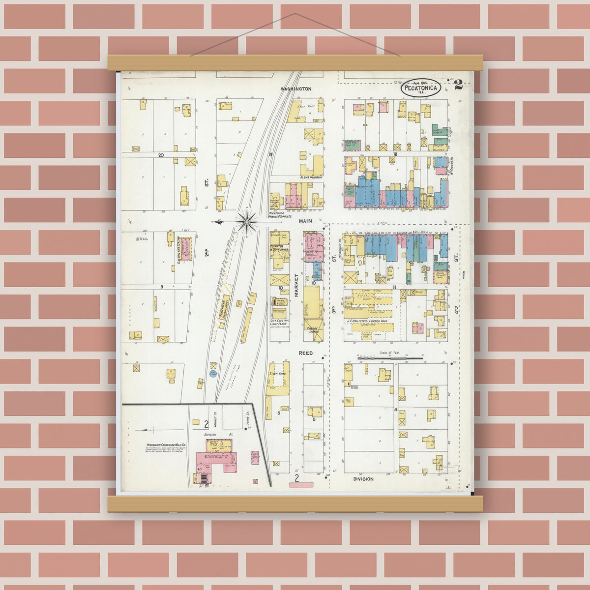 Old map wall art mockup — magnetic wood frame on brick wall — Sanborn Fire Insurance Map from Pecatonica, Winnebago County, Illinois (1904), Sheet #0002