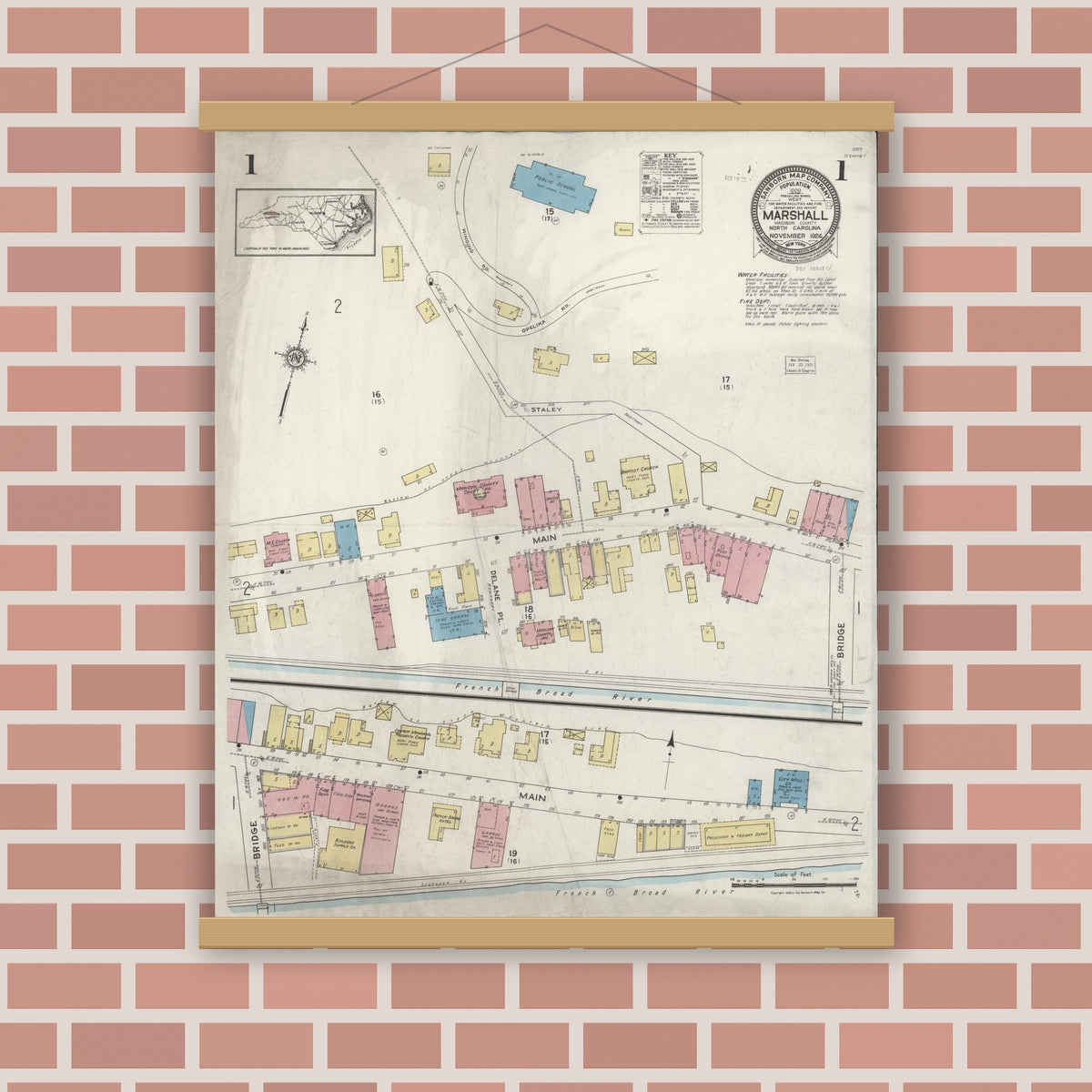 Old map wall art mockup — magnetic wood frame on brick wall — Sanborn Fire Insurance Map from Marshall, Madison County, North Carolina (1924), Sheet #0001