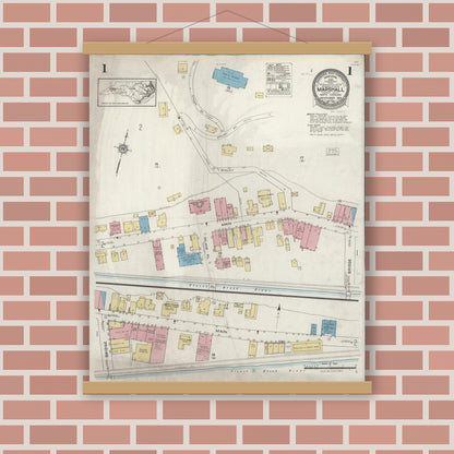 Old map wall art mockup — magnetic wood frame on brick wall — Sanborn Fire Insurance Map from Marshall, Madison County, North Carolina (1924), Sheet #0001