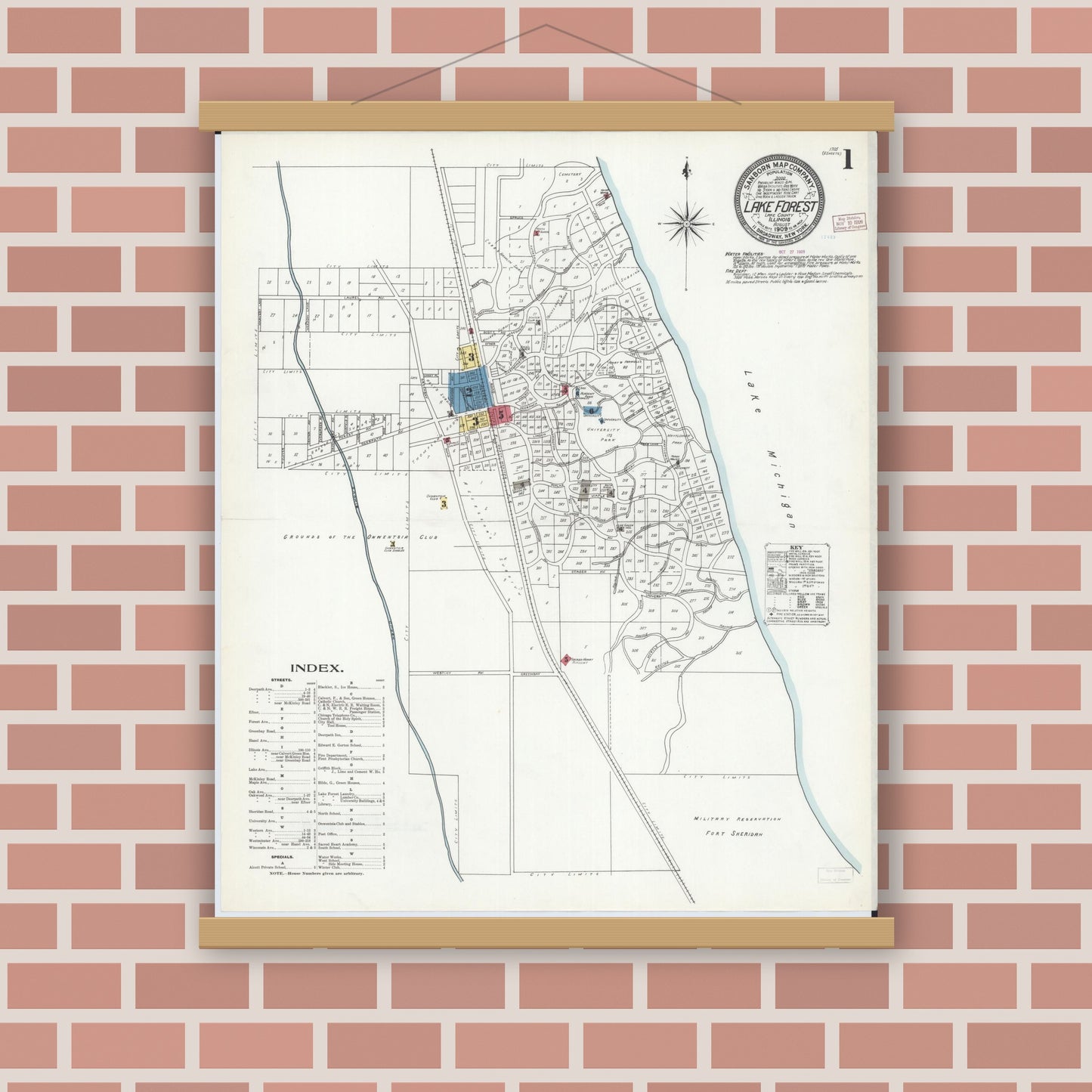 Old map wall art mockup — magnetic wood frame on brick wall — Sanborn Fire Insurance Map from Lake Forest, Lake County, Illinois (1909), Sheet #0001