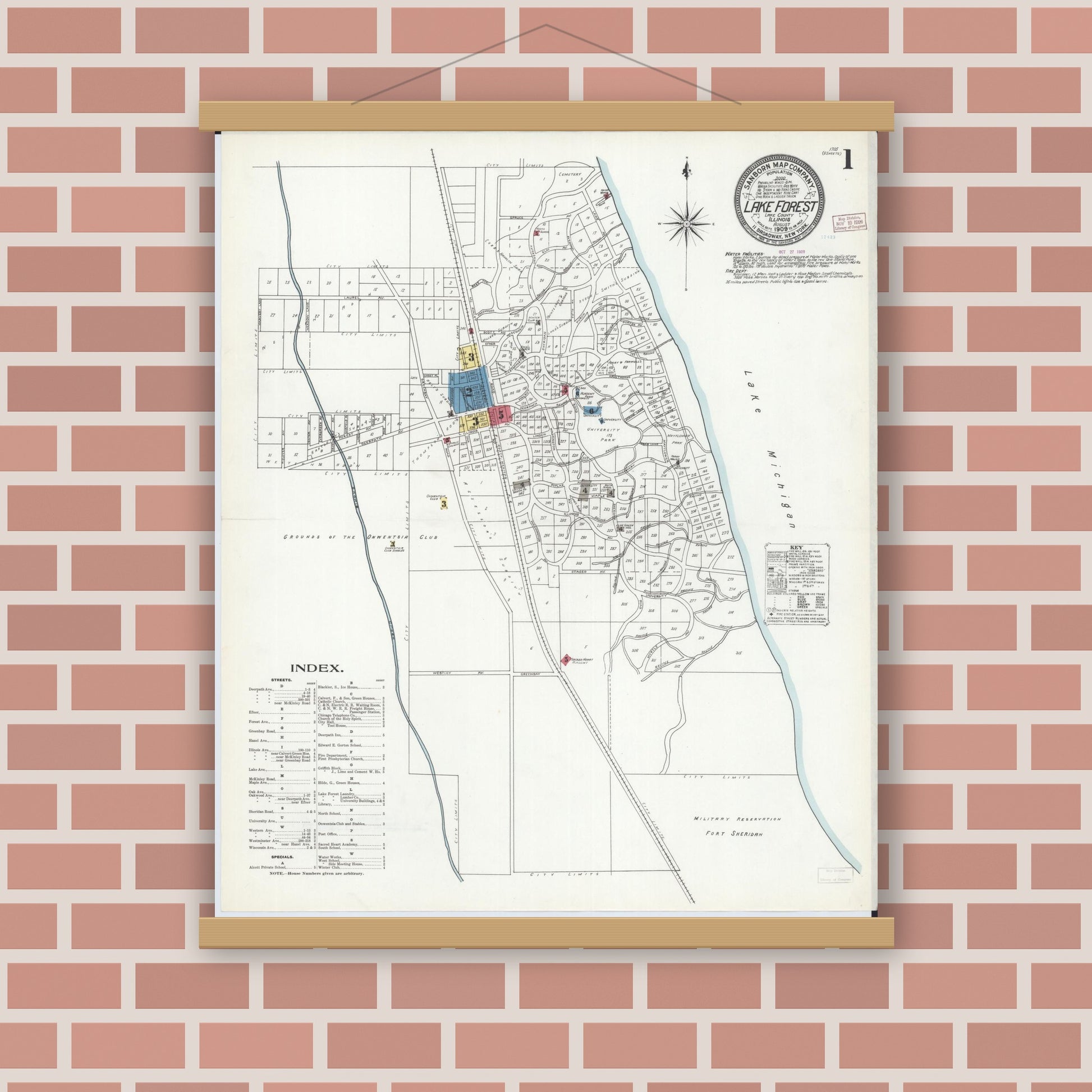 Old map wall art mockup — magnetic wood frame on brick wall — Sanborn Fire Insurance Map from Lake Forest, Lake County, Illinois (1909), Sheet #0001