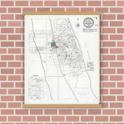 Old map wall art mockup — magnetic wood frame on brick wall — Sanborn Fire Insurance Map from Lake Forest, Lake County, Illinois (1909), Sheet #0001