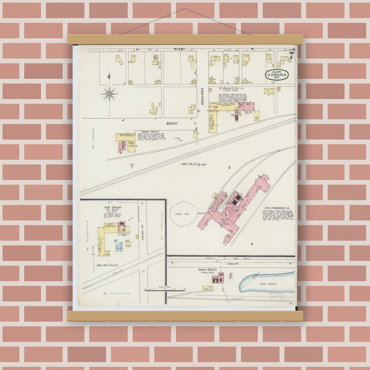 Old map wall art mockup — magnetic wood frame on brick wall — Sanborn Fire Insurance Map from Urbana, Champaign County, Ohio (1895), Sheet #0007
