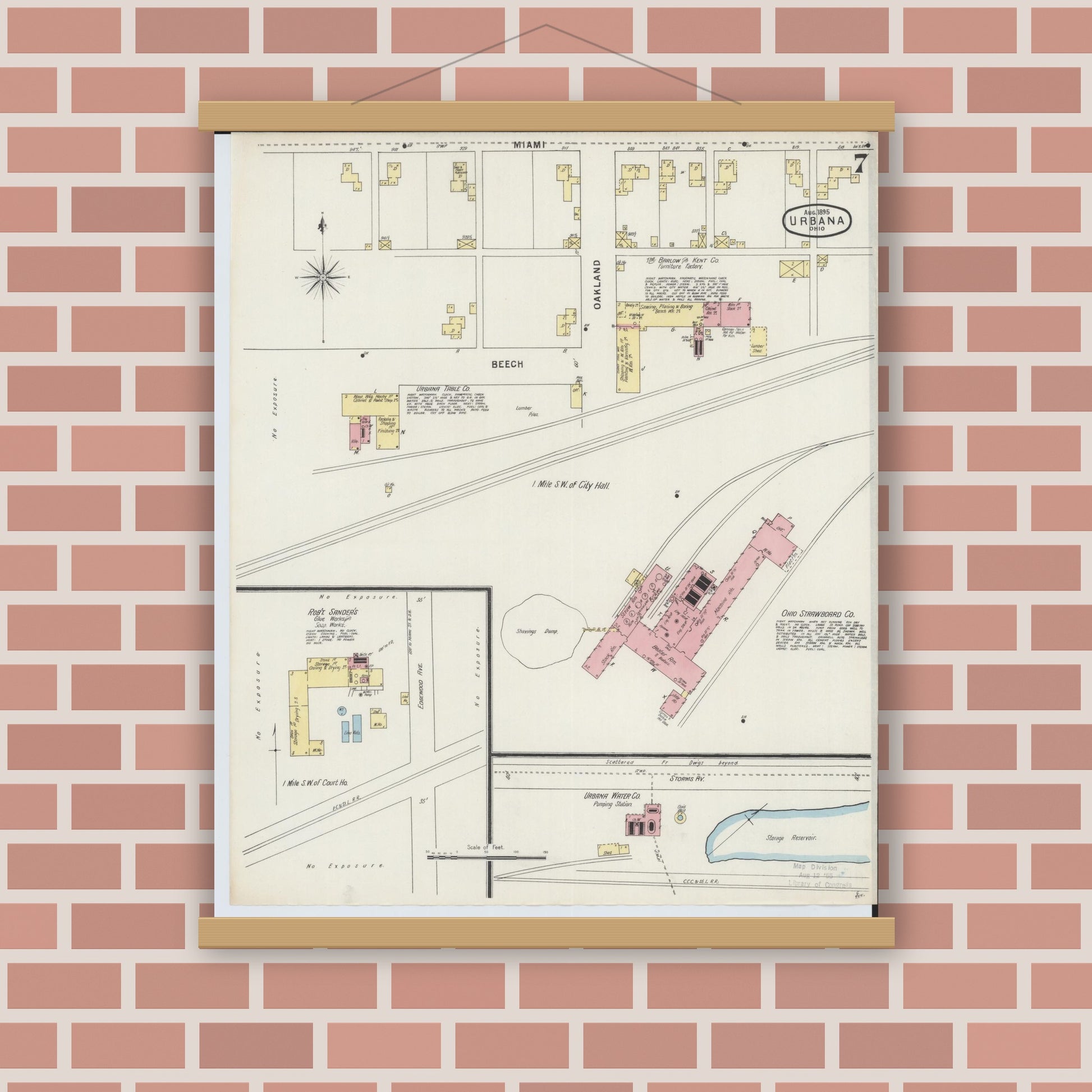 Old map wall art mockup — magnetic wood frame on brick wall — Sanborn Fire Insurance Map from Urbana, Champaign County, Ohio (1895), Sheet #0007