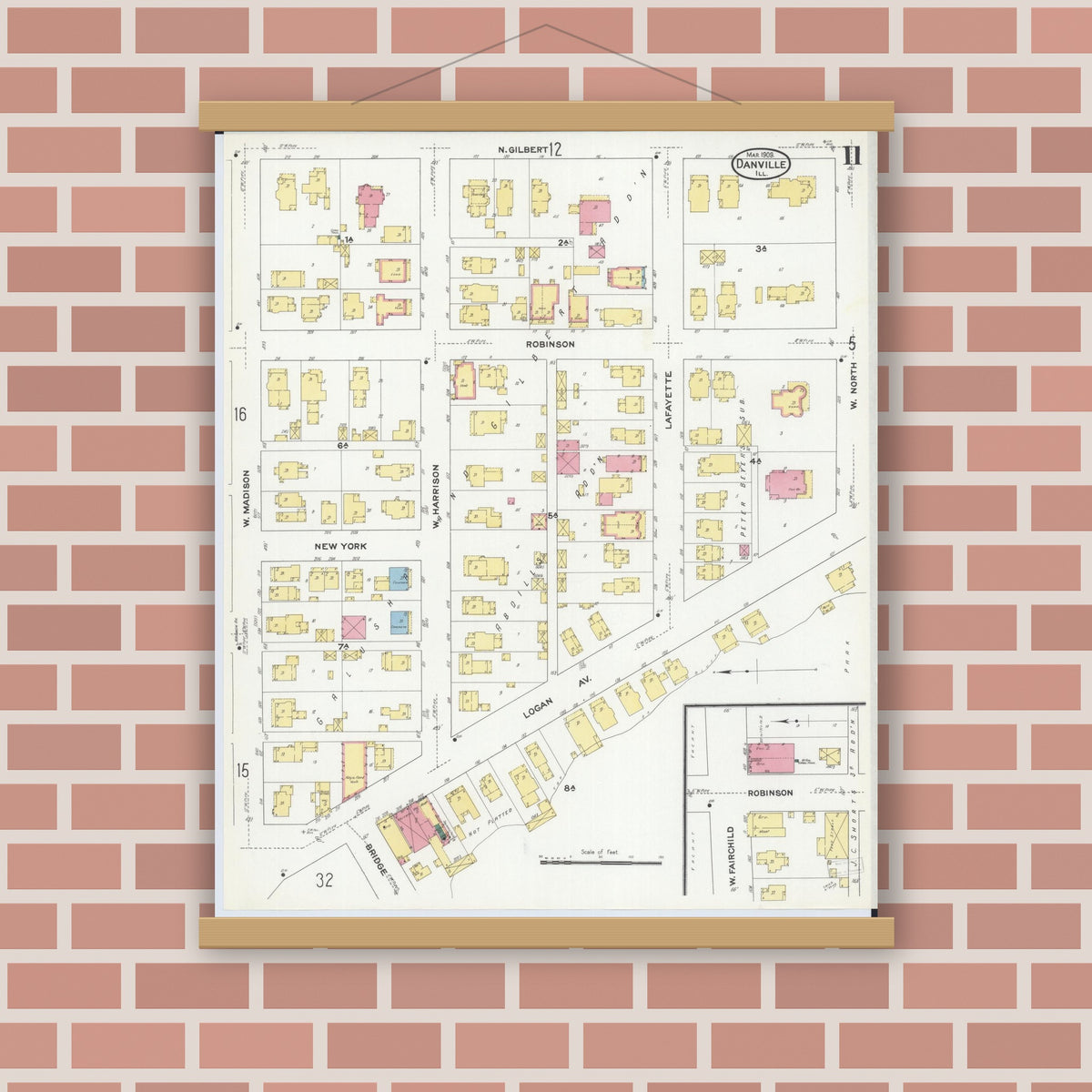 Old map wall art mockup — magnetic wood frame on brick wall — Sanborn Fire Insurance Map from Danville, Vermilion County, Illinois (1909), Sheet #0011