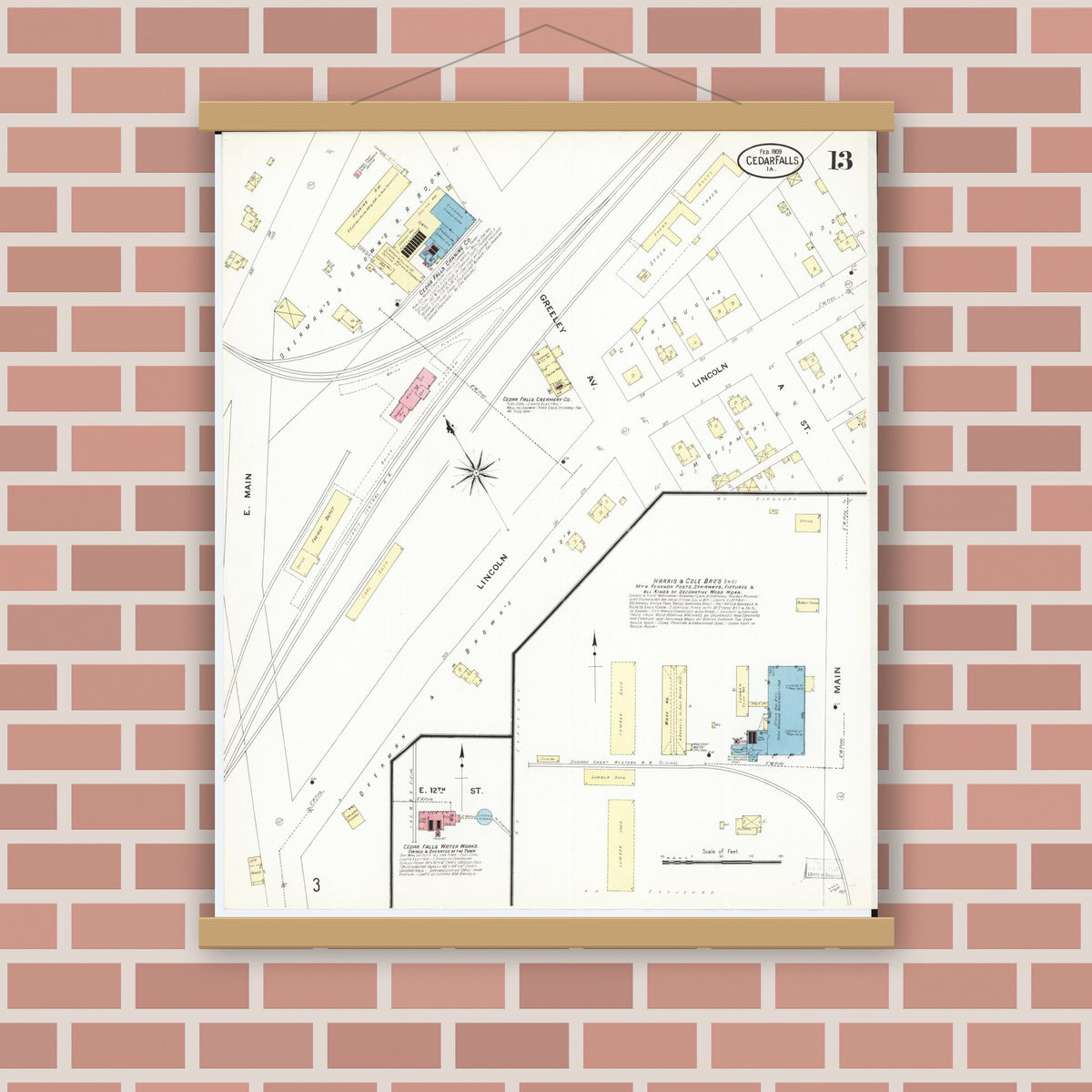 Old map wall art mockup — magnetic wood frame on brick wall — Sanborn Fire Insurance Map from Cedar Falls, Black Hawk County, Iowa (1909), Sheet #0013