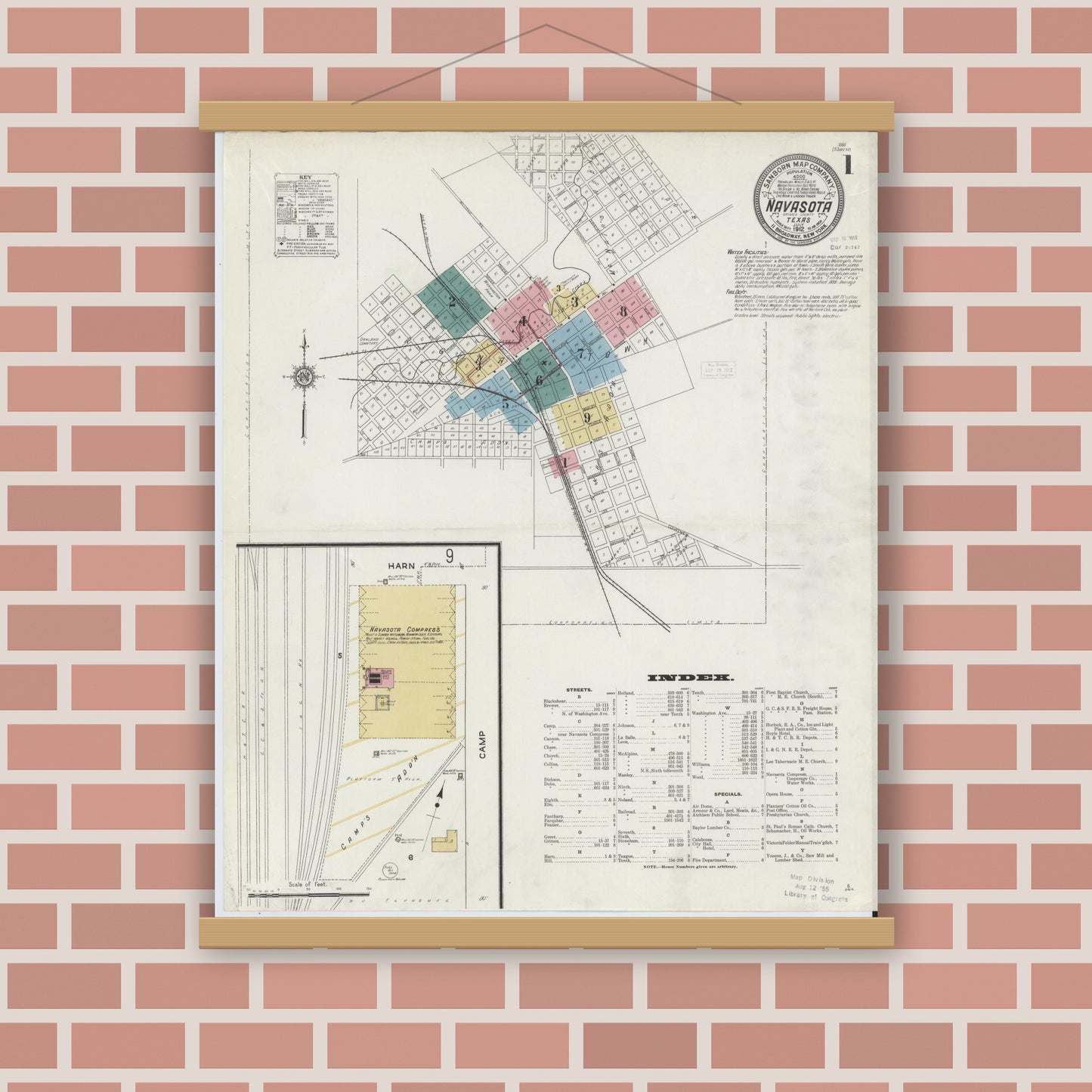 Old map wall art mockup — magnetic wood frame on brick wall — Sanborn Fire Insurance Map from Navasota, Grimes County, Texas (1912), Sheet #0001