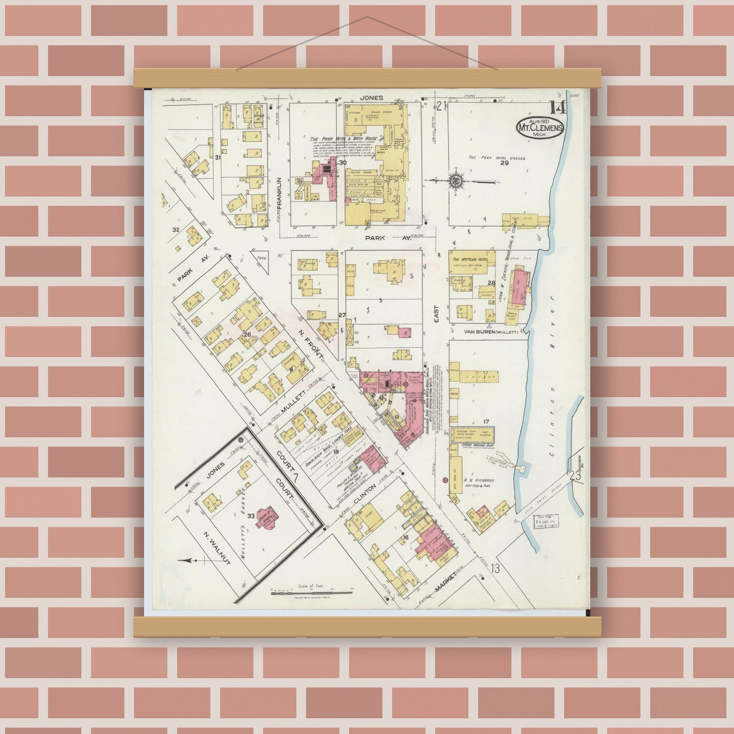 Old map wall art mockup — magnetic wood frame on brick wall — Sanborn Fire Insurance Map from Mount Clemens, Macomb County, Michigan (1921), Sheet #0014