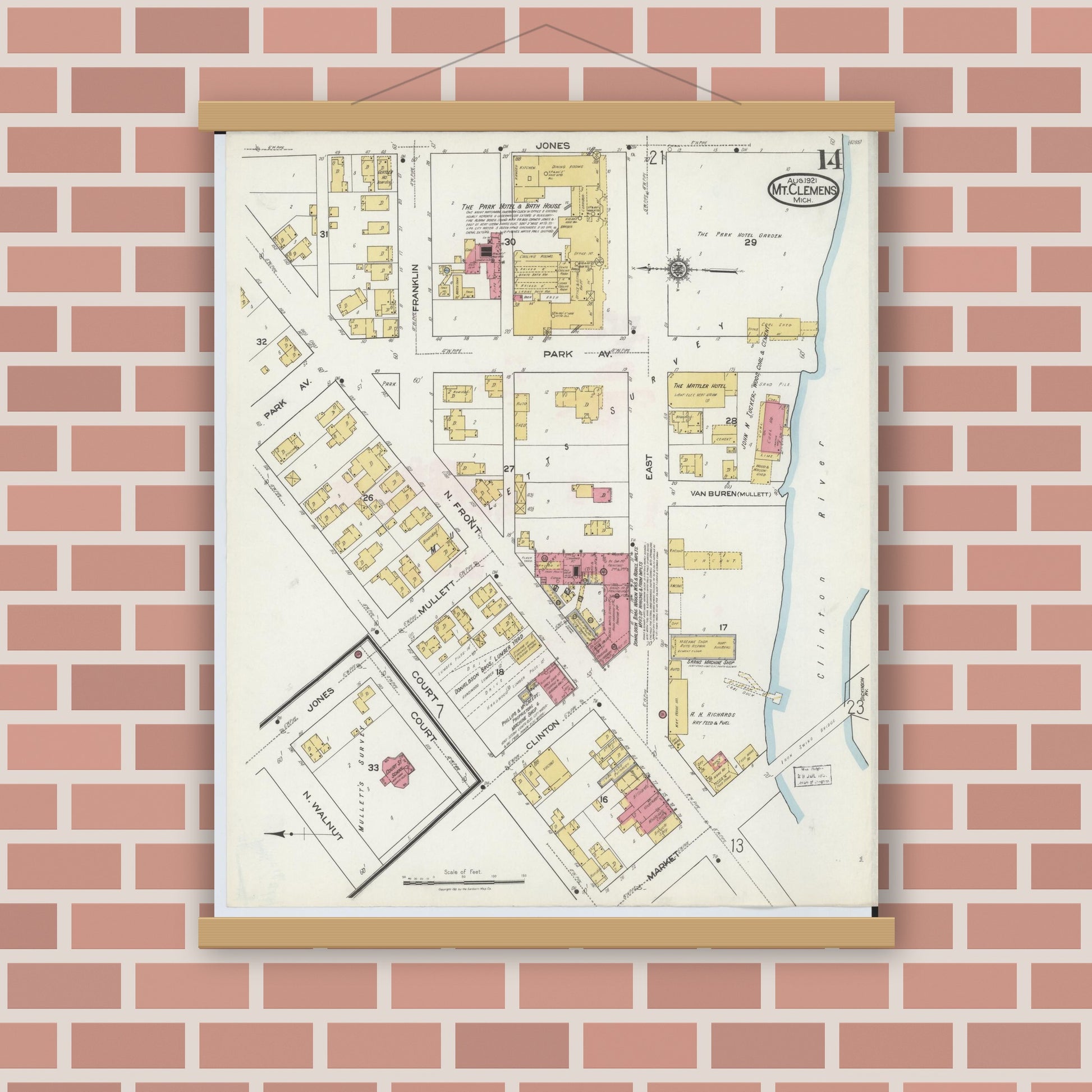 Old map wall art mockup — magnetic wood frame on brick wall — Sanborn Fire Insurance Map from Mount Clemens, Macomb County, Michigan (1921), Sheet #0014