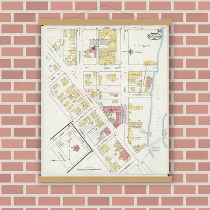 Old map wall art mockup — magnetic wood frame on brick wall — Sanborn Fire Insurance Map from Mount Clemens, Macomb County, Michigan (1921), Sheet #0014