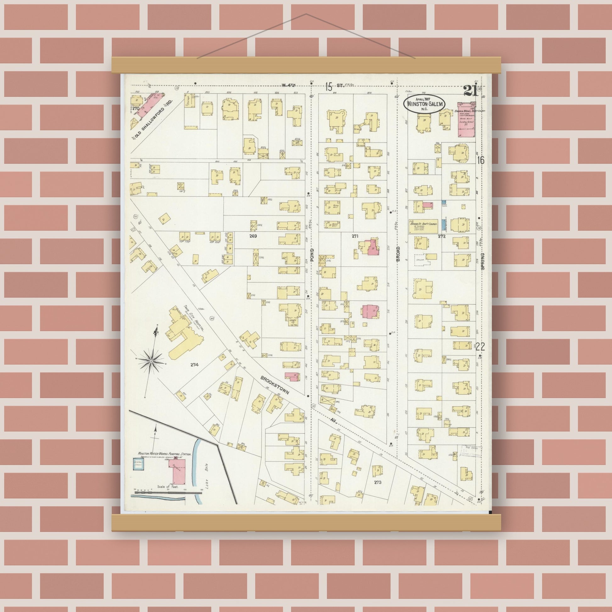 Old map wall art mockup — magnetic wood frame on brick wall — Sanborn Fire Insurance Map from Winston-Salem, Forsyth County, North Carolina (1907), Sheet #0021