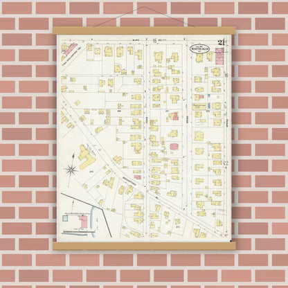 Old map wall art mockup — magnetic wood frame on brick wall — Sanborn Fire Insurance Map from Winston-Salem, Forsyth County, North Carolina (1907), Sheet #0021