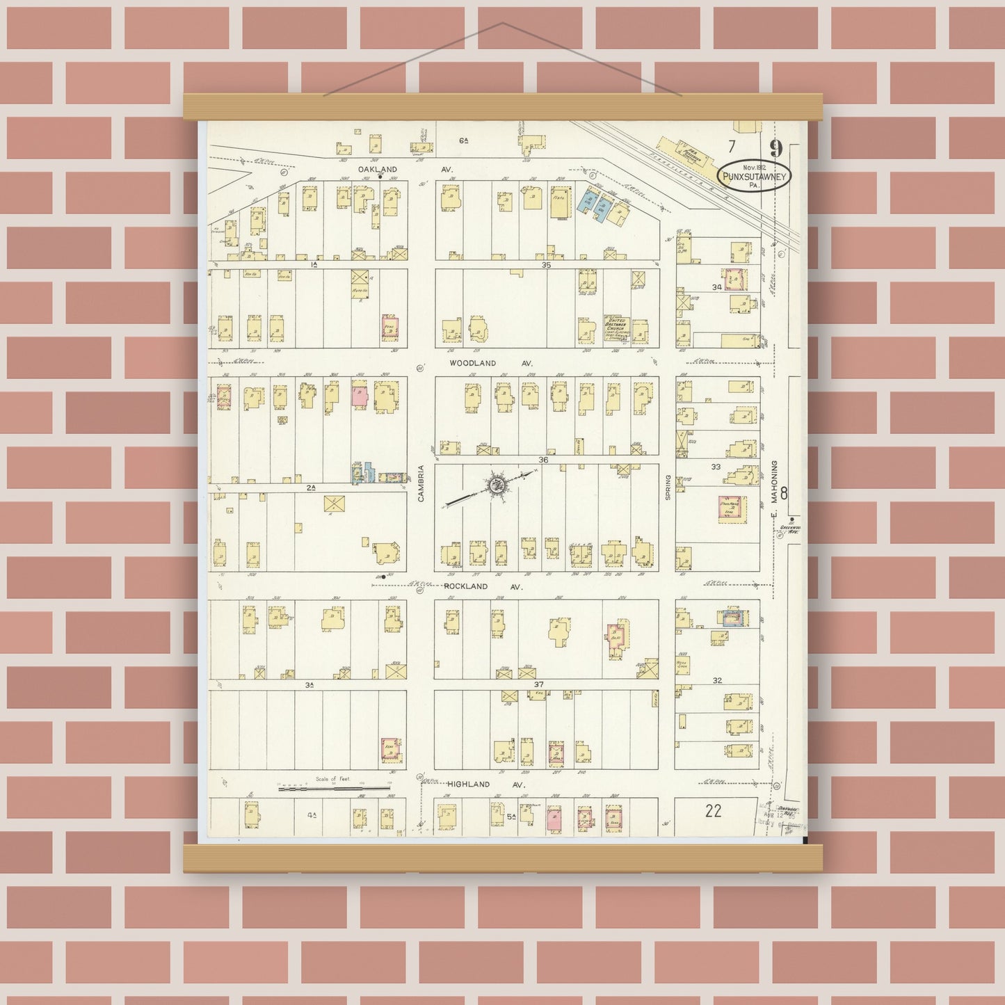 Old map wall art mockup — magnetic wood frame on brick wall — Sanborn Fire Insurance Map from Punxsutawney, Jefferson County, Pennsylvania (1912), Sheet #0009