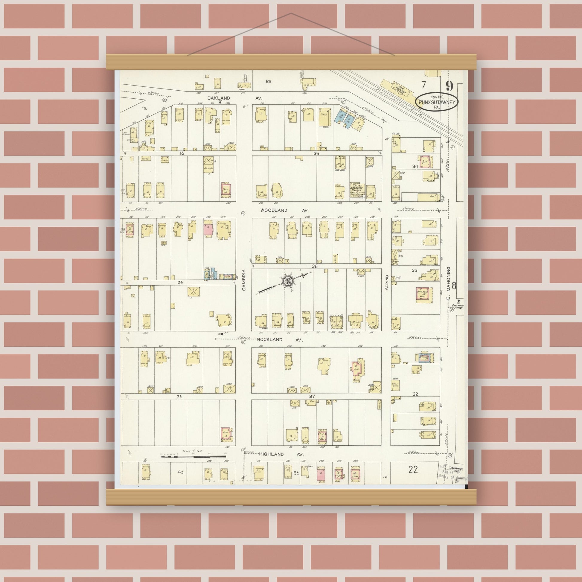 Old map wall art mockup — magnetic wood frame on brick wall — Sanborn Fire Insurance Map from Punxsutawney, Jefferson County, Pennsylvania (1912), Sheet #0009