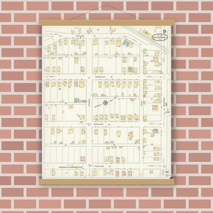 Old map wall art mockup — magnetic wood frame on brick wall — Sanborn Fire Insurance Map from Punxsutawney, Jefferson County, Pennsylvania (1912), Sheet #0009