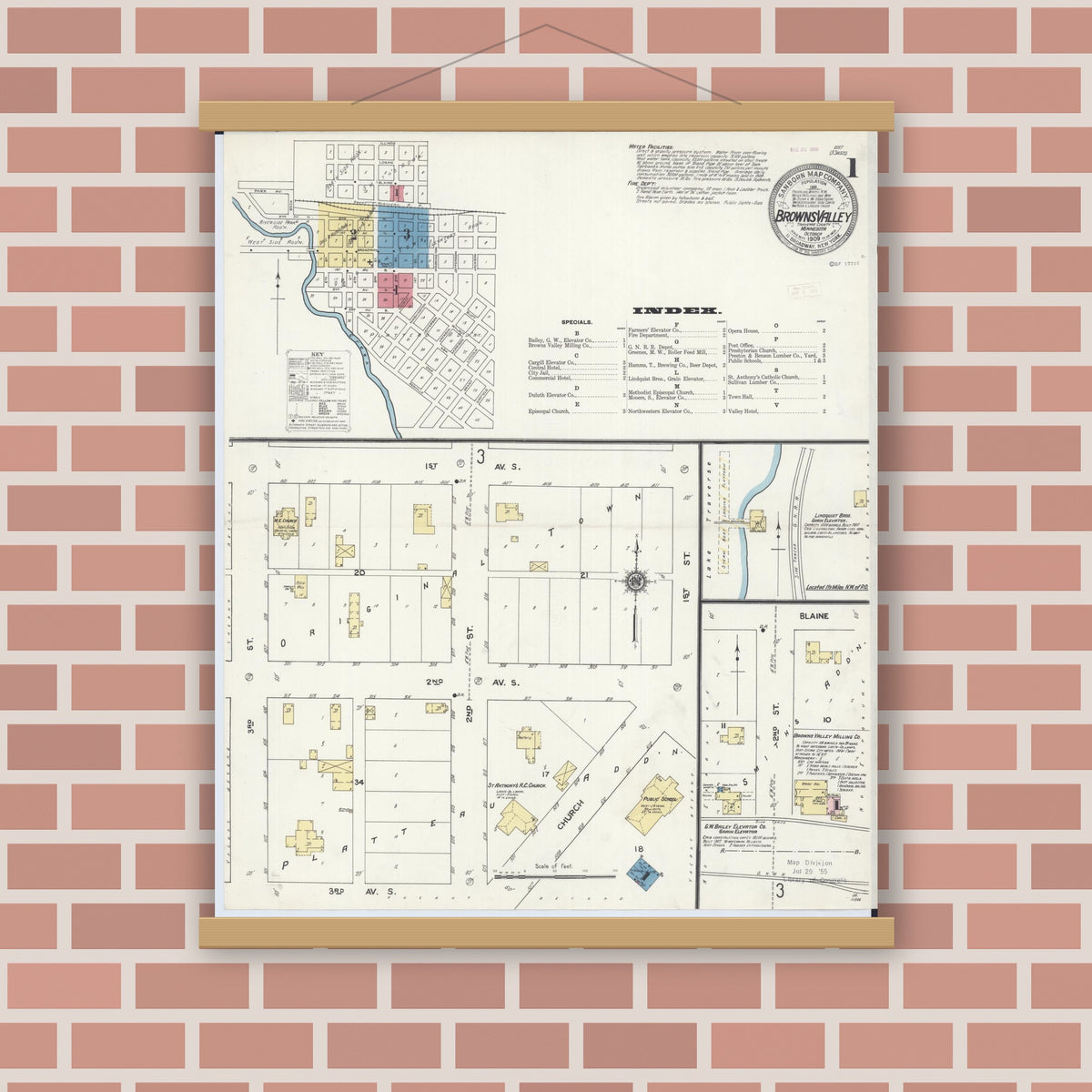 Old map wall art mockup — magnetic wood frame on brick wall — Sanborn Fire Insurance Map from Browns Valley, Traverse County, Minnesota (1909), Sheet #0001