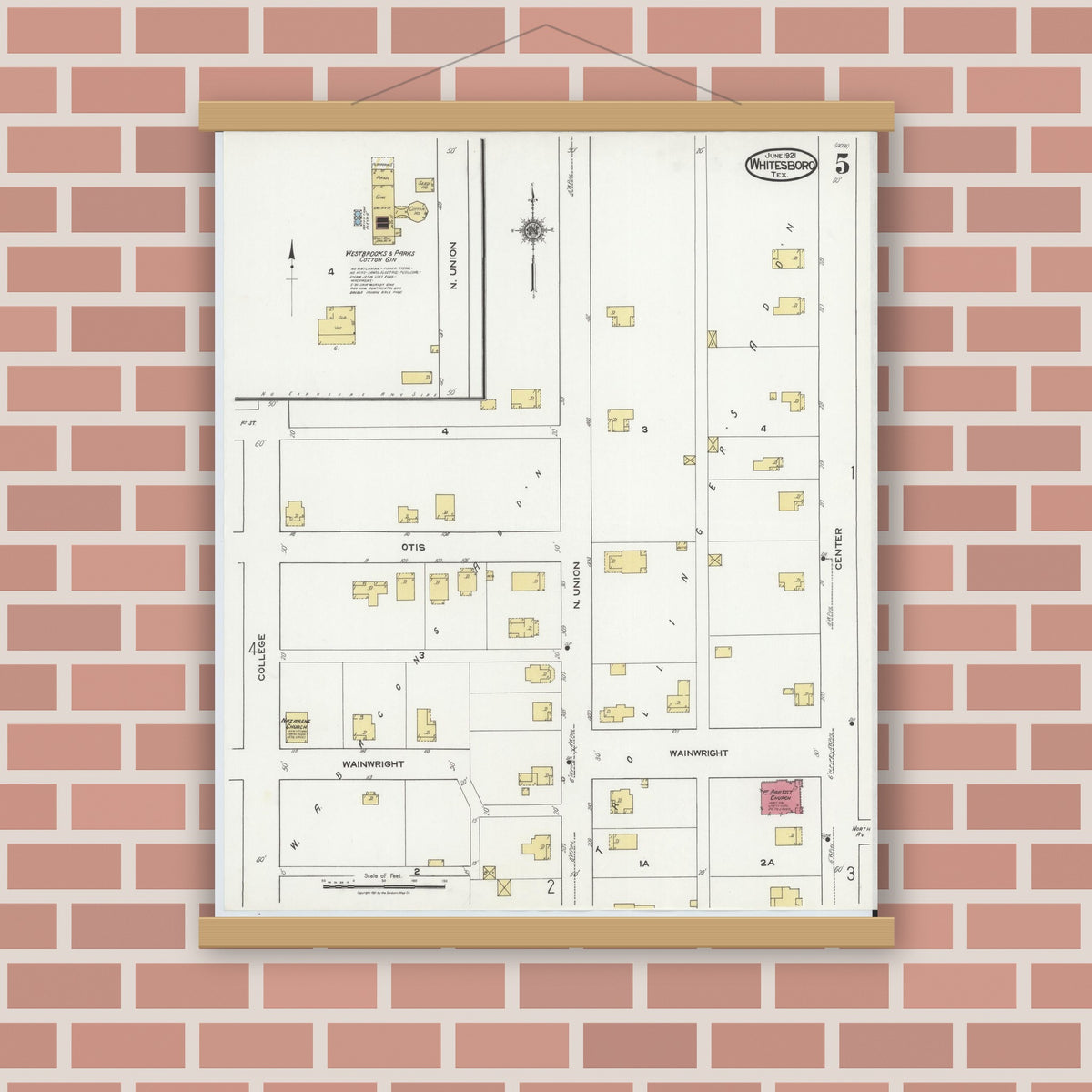 Old map wall art mockup — magnetic wood frame on brick wall — Sanborn Fire Insurance Map from Whitesboro, Grayson County, Texas (1921), Sheet #0005