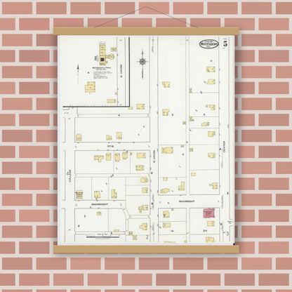 Old map wall art mockup — magnetic wood frame on brick wall — Sanborn Fire Insurance Map from Whitesboro, Grayson County, Texas (1921), Sheet #0005