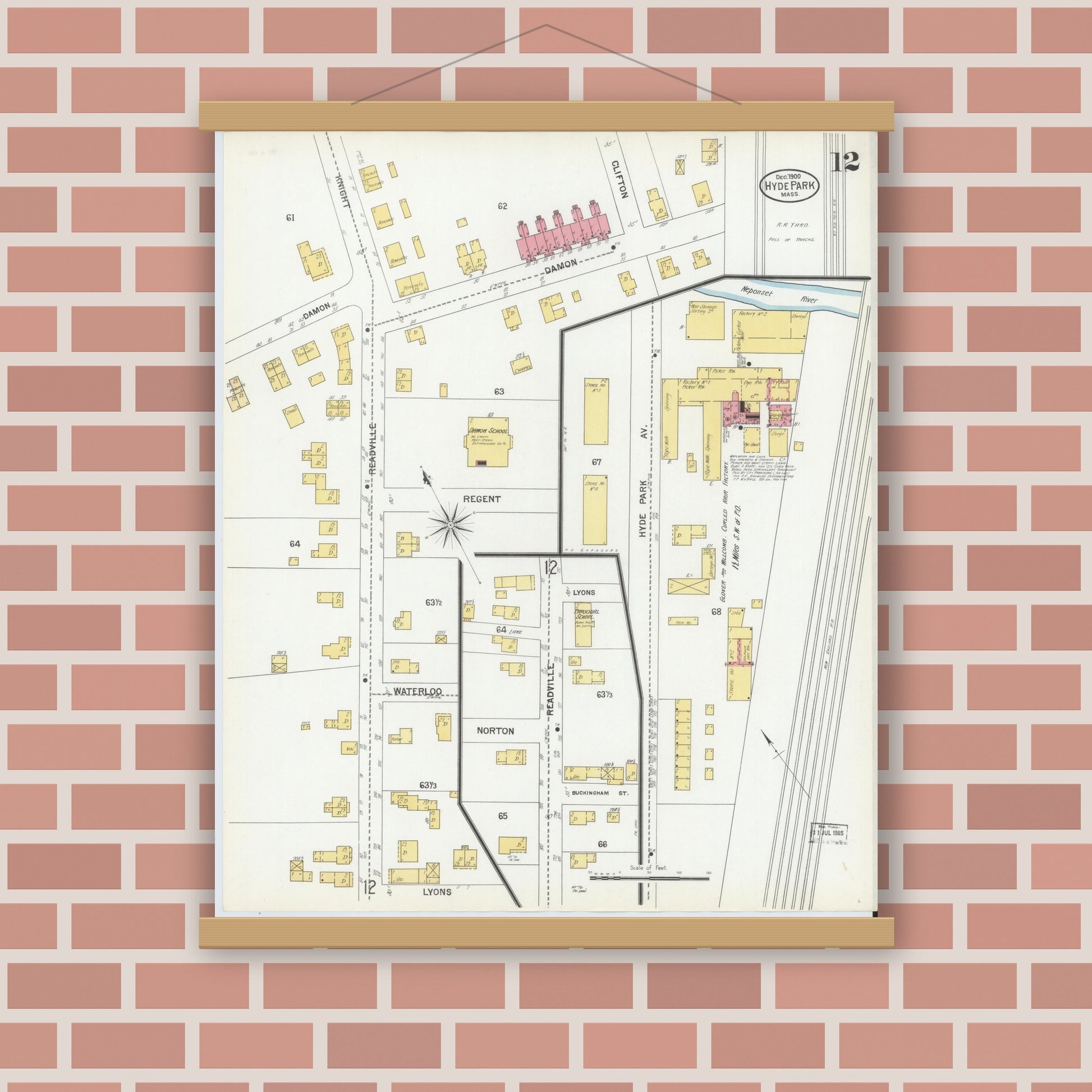 Old map wall art mockup — magnetic wood frame on brick wall — Sanborn Fire Insurance Map from Hyde Park, Norfolk County, Massachusetts (1900), Sheet #0012