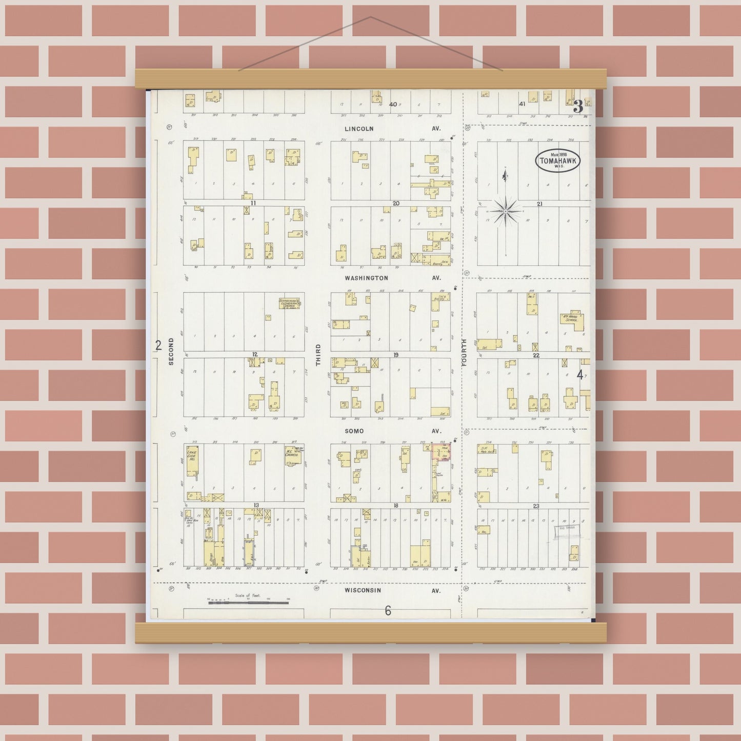 Old map wall art mockup — magnetic wood frame on brick wall — Sanborn Fire Insurance Map from Tomahawk, Lincoln County, Wisconsin (1898), Sheet #0003