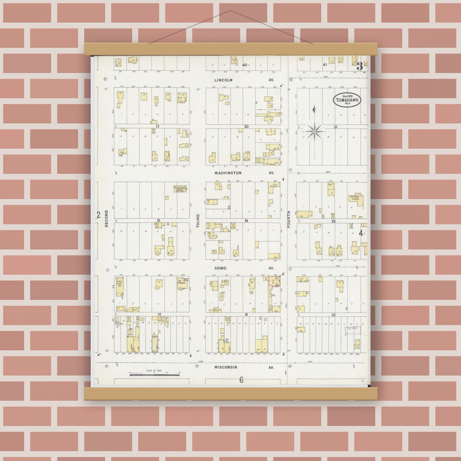 Old map wall art mockup — magnetic wood frame on brick wall — Sanborn Fire Insurance Map from Tomahawk, Lincoln County, Wisconsin (1898), Sheet #0003