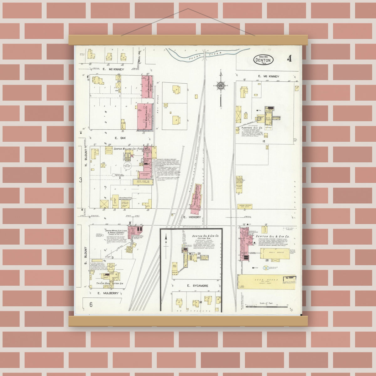 Old map wall art mockup — magnetic wood frame on brick wall — Sanborn Fire Insurance Map from Denton, Denton County, Texas (1912), Sheet #0004