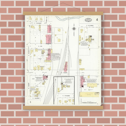 Old map wall art mockup — magnetic wood frame on brick wall — Sanborn Fire Insurance Map from Denton, Denton County, Texas (1912), Sheet #0004