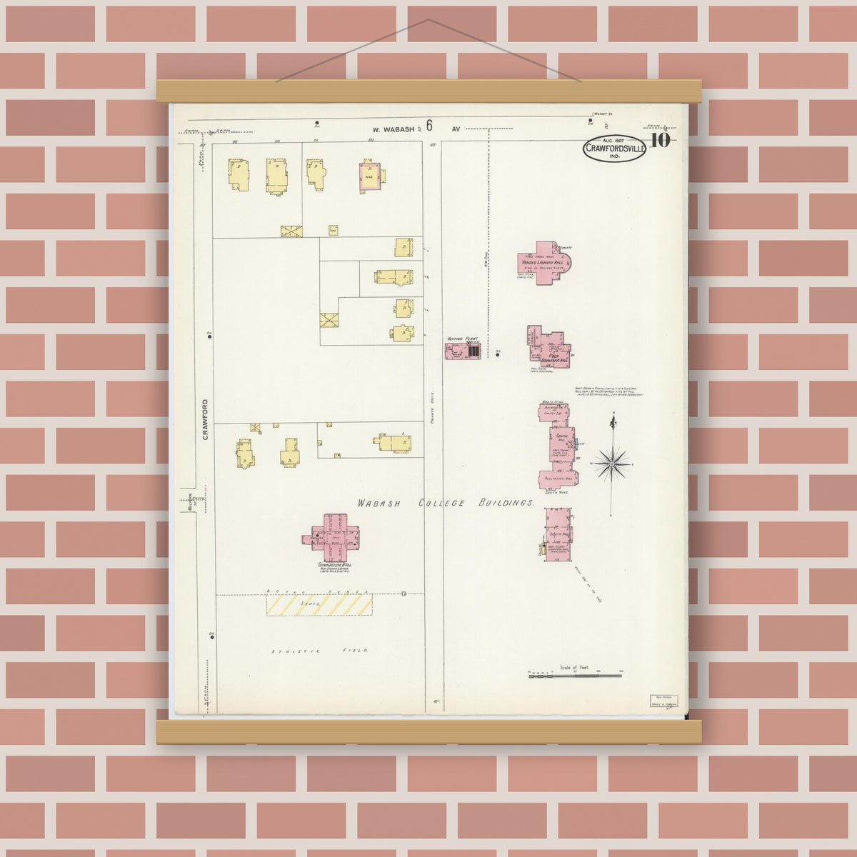 Old map wall art mockup — magnetic wood frame on brick wall — Sanborn Fire Insurance Map from Crawfordsville, Montgomery County, Indiana (1907), Sheet #0010