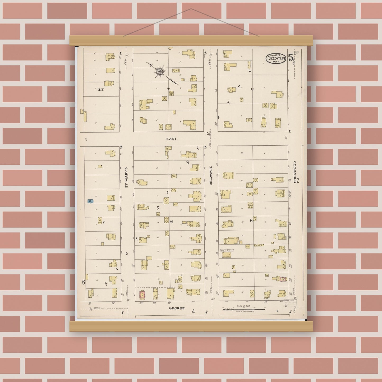 Old map wall art mockup — magnetic wood frame on brick wall — Sanborn Fire Insurance Map from Decatur, Van Buren County, Michigan (1922), Sheet #0005