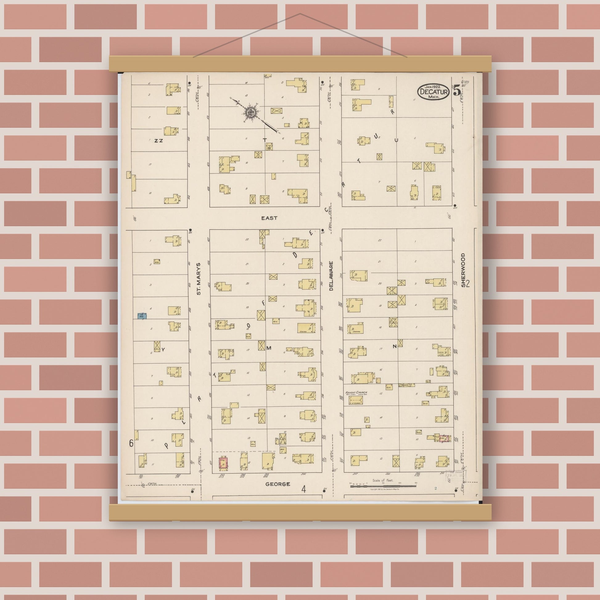 Old map wall art mockup — magnetic wood frame on brick wall — Sanborn Fire Insurance Map from Decatur, Van Buren County, Michigan (1922), Sheet #0005