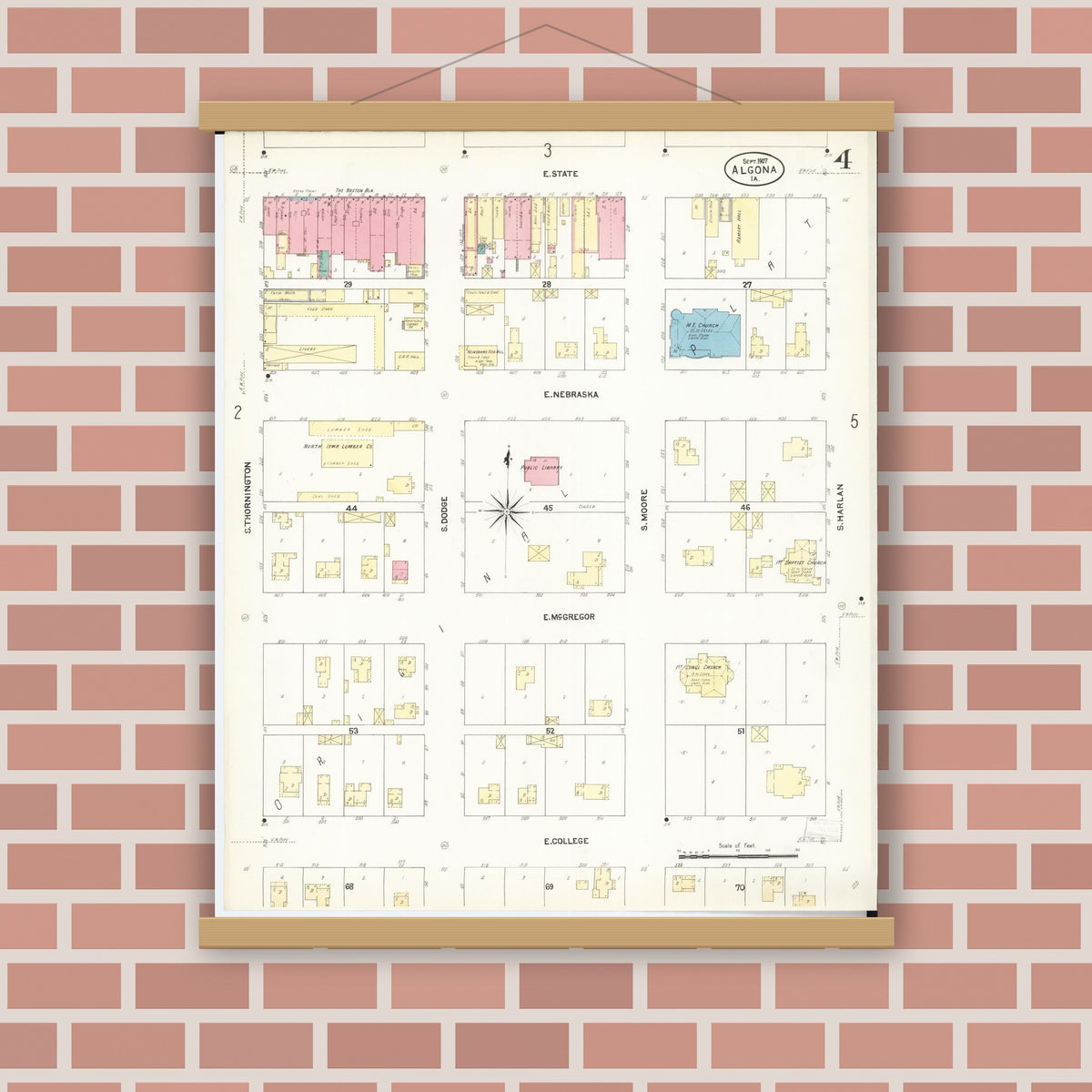 Old map wall art mockup — magnetic wood frame on brick wall — Sanborn Fire Insurance Map from Algona, Kossuth County, Iowa (1907), Sheet #0004